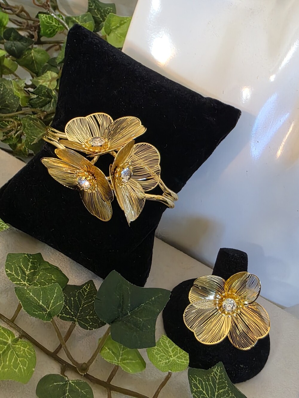 Gold Filled Wire Mesh Flower Cuff Bracelet & Matching Ring Set - Rhinestone